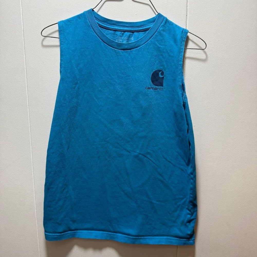 Kids Carhartt Blue Sleeveless Graphic T-Shirt Fish Mountain Print Size M